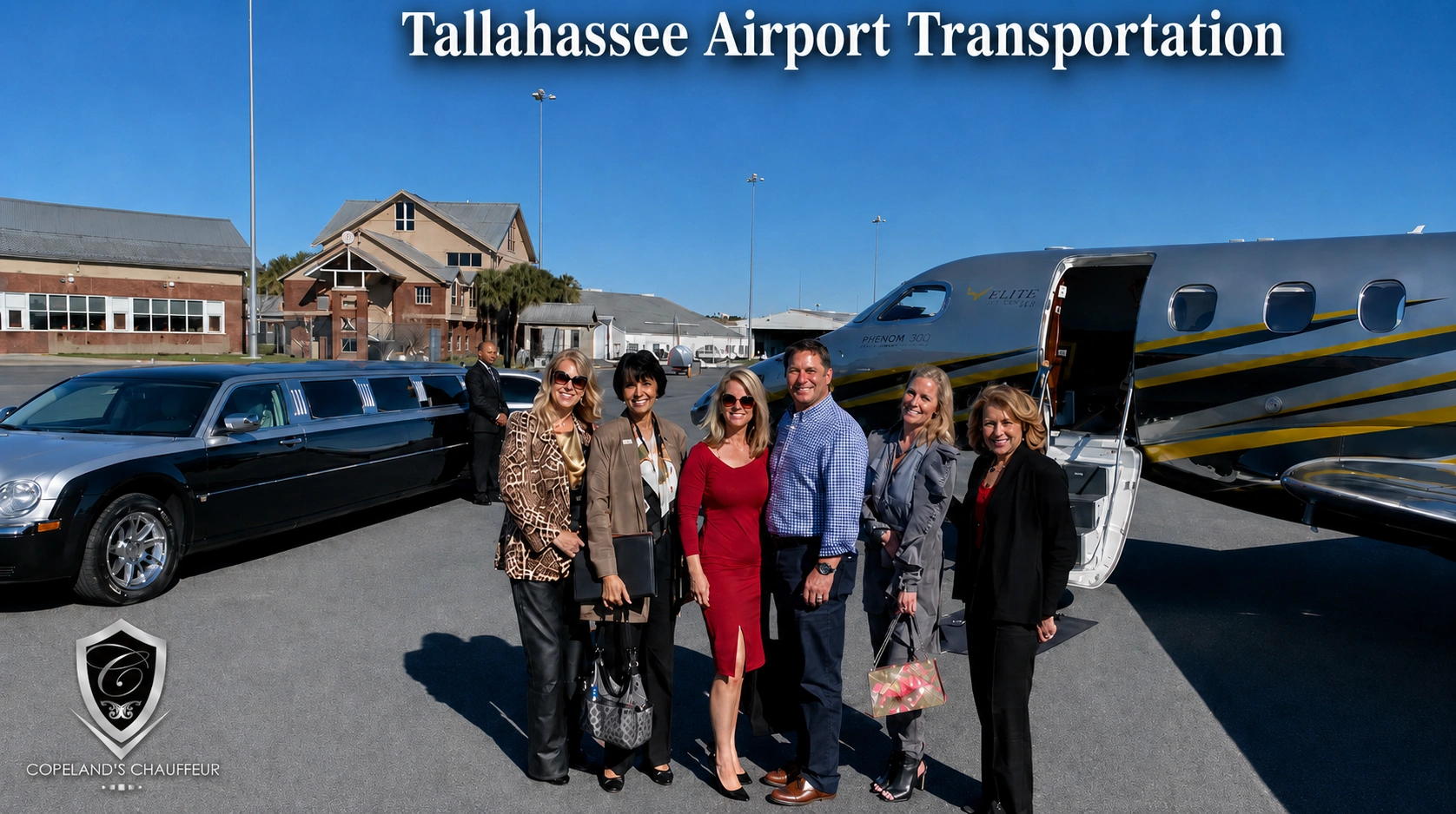 Copeland’s Chauffeur providing Tallahassee airport transportation with a luxury limousine beside a private jet.