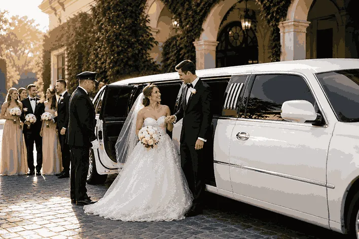 Bride, groom, and bridal party with a wedding stretch limousine by Copeland's Premium in Monticello