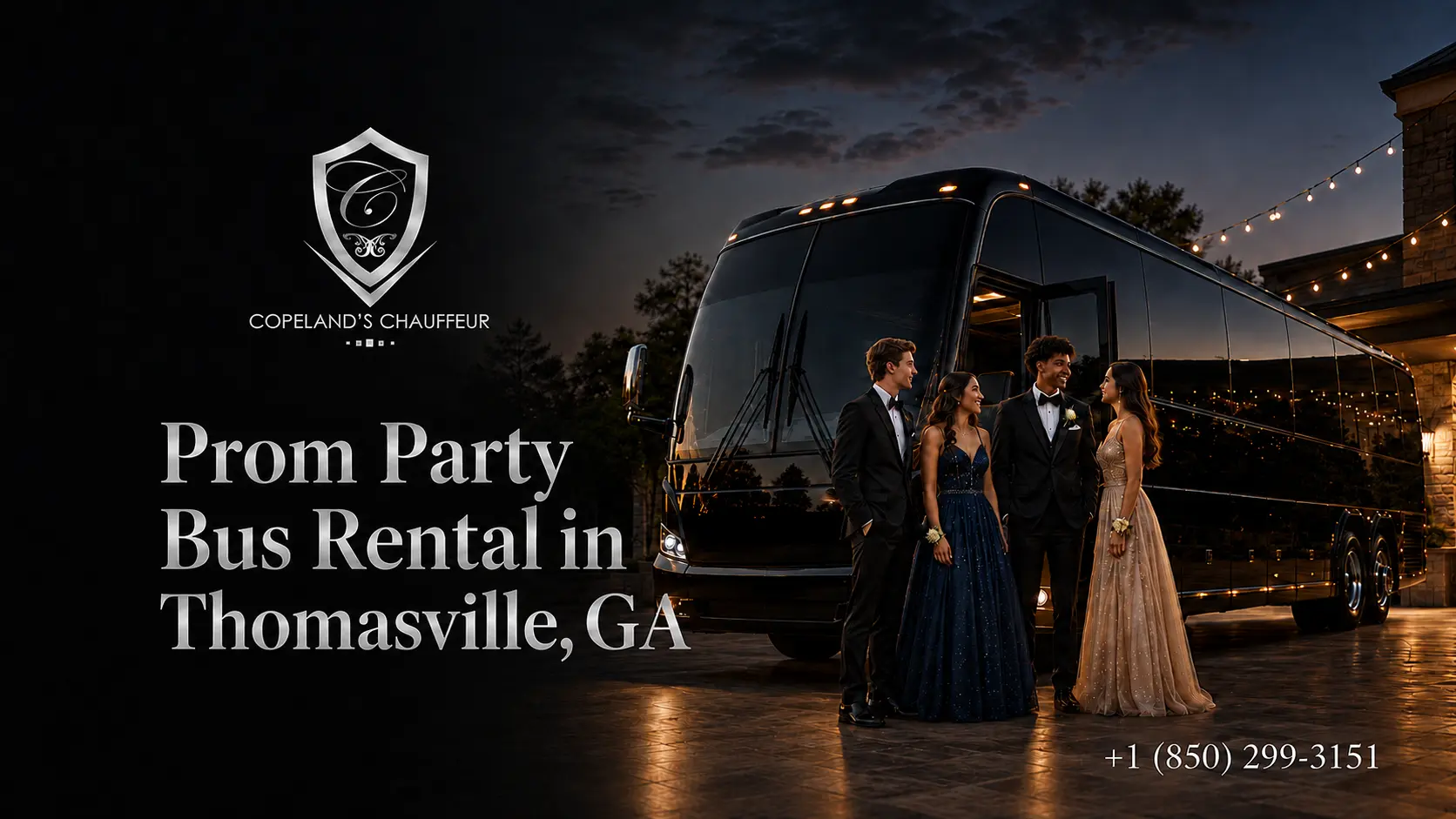 Group of students in prom attire beside a party bus in Thomasville, GA, provided by Copeland’s Chauffeur