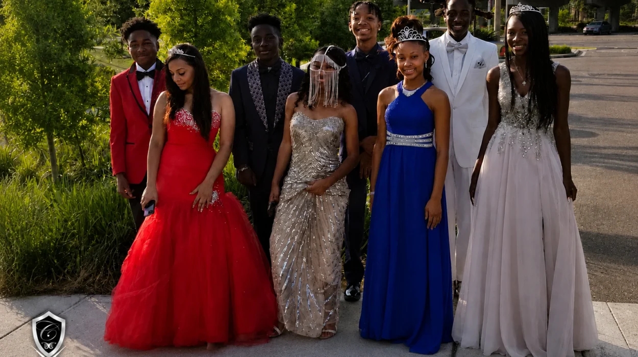 Group of students in prom attire beside a party bus in Thomasville, GA, provided by Copeland’s Chauffeur