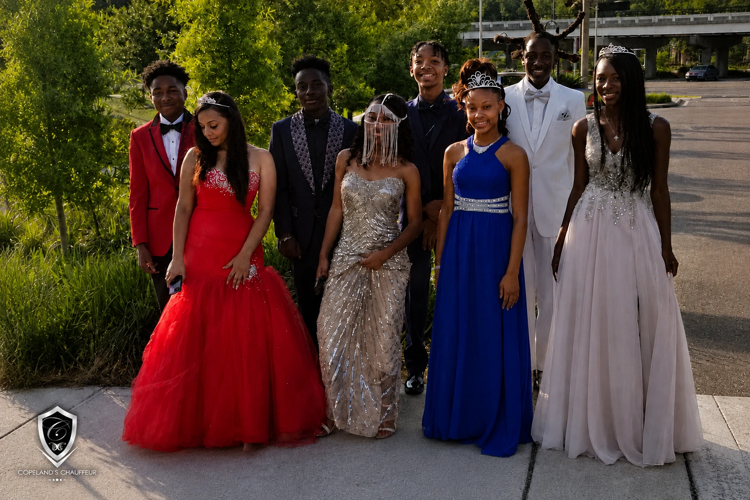Group of students in prom attire beside a party bus in Thomasville, GA, provided by Copeland’s Chauffeur